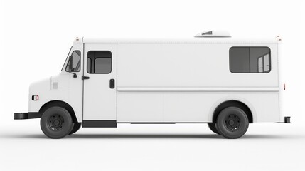 A realistically rendered white food truck, isolated on a white background