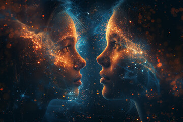 silhouette of two twin girls on the background of the universe, concept of parallel worlds - obrazy, fototapety, plakaty