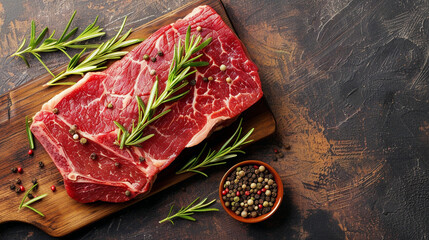 fresh raw steak meat on wooden board with rosemary and spice