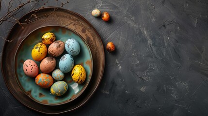Plate with Easter eggs on dark background.
