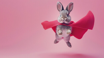 Funny baby bunny rabbit wearing superhero cloak jumping and flying on pastel pink background with copy space. concept of leap day. leap year. superhero. costume. greeting card and energetic.
