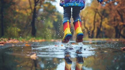 A child wearing vivid color rain boots jumping into puddles on the road, splashing water and creating ripples
