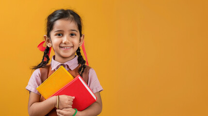 funny smiling Indian child school girl holding books in her hand and reading or singing aloud. isolated on yellow background. with copy space.