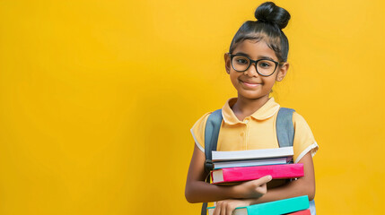 funny smiling Indian child school girl holding books in her hand and reading or singing aloud. isolated on yellow background. with copy space.