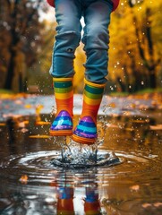 A child wearing vivid color rain boots jumping into puddles on the road, splashing water and creating ripples
