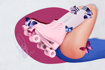 Creative photo collage picture woman feet roller skaters footwear flying butterfly shaven beauty...
