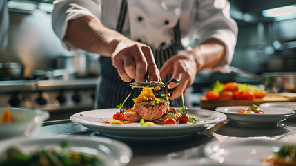 gourmet dish being prepared in a high-end restaurant kitchen - obrazy, fototapety, plakaty