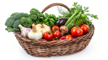 A vibrant assortment of fresh vegetables neatly arranged in a basket