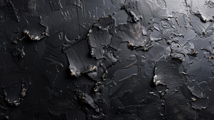 A detailed view of a black wall showing signs of deterioration with peeling paint, revealing layers of texture and history. The weathered surface adds character and depth to the otherwise plain wall
