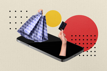 Creative picture collage smartphone online shopping concept credit card pay buyer packages...