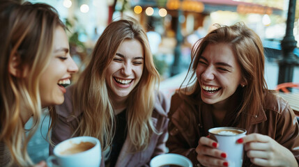 Group of female friends having a coffee together. Three women at cafe. talking. laughing and enjoying their time. Lifestyle and friendship concepts.