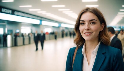 A woman in a business suit stands in a busy airport terminal
