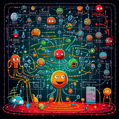A colorful drawing of a tree with many faces and numbers. The tree is surrounded by a lot of other faces and numbers, and the overall mood of the image is playful and whimsical