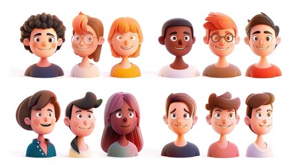 People avatars set. Young men and women with thinking face expressions. Modern line character heads, happy smiling thoughtful girls and guys.vector