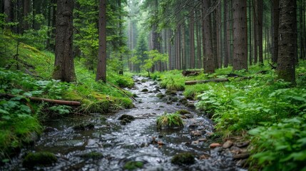 Fototapeta premium Sunlight filters beautifully through the dense canopy of towering trees in a serene woodland scene