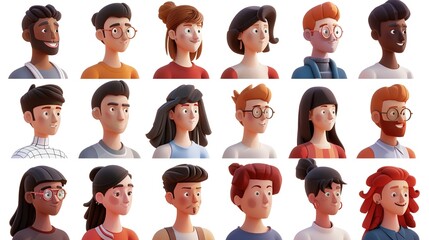 People avatars set. Young men and women with thinking face expressions. Modern line character heads, happy smiling thoughtful girls and guys.vector