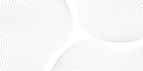 Dotted particles flowing halftone gradient curve shape wave pattern on white background. Vector in technology, science, music, waves, modern concept.