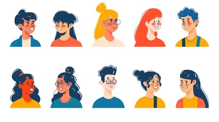 People avatars set. Young men and women with thinking face expressions. Modern line character heads, happy smiling thoughtful girls and guys.vector