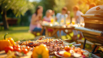 Photo of a family and friends having a picnic barbeque grill in the garden. having fun eating and enjoying time. sunny day in the summer - obrazy, fototapety, plakaty