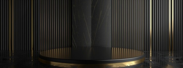 Black background with golden lines and podium for product presentation, luxury design showcase scene, Minimal abstract background for product presentation