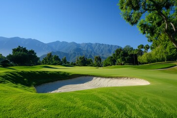 Fototapeta premium Sunny golf course with mountain backdrop