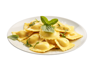 Cheese Ravioli isolated on transparent png background. Generative ai