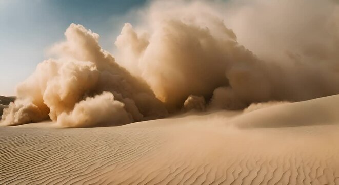stormy wind is blowing sand across a desert creating a sandstorm