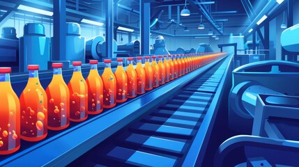 An inside look at a beverage factory where juice bottles are efficiently lined up on a conveyor belt