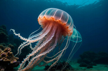 Giant jellyfish in the dark Ocean.