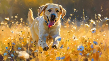 The playful Labrador retriever bounds through sun-kissed meadows, tongue lolling in pure joy. With each exuberant leap, it embodies loyalty and companionship, a faithful friend of the human heart. - obrazy, fototapety, plakaty