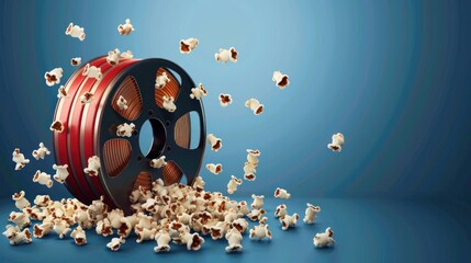 A playful vector illustration of a movie film reel and popcorn against a blue background