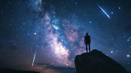 a person standing on a rock looking at the stars - obrazy, fototapety, plakaty