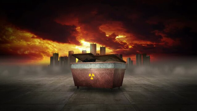 Falling Trash Dumpster. Radiation Symbol. Polluted City. City Related 3D Animations.