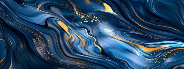 Abstract background of swirling blue and gold hues, resembling the texture of marble or iridescent stones. The composition is intricate with layers of fluid shapes.