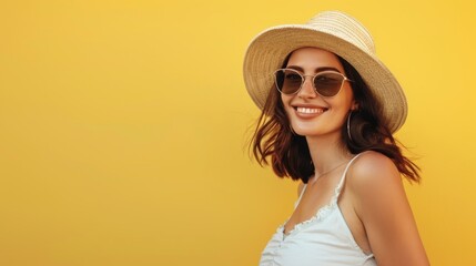 Happy young woman in summer outfit smiling and looking at camera over soft color background