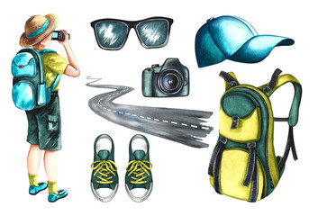 A set of travel pictures. A tourist, a backpack, sneakers and a cap. A hand-drawn watercolor illustration. Designed for flyers, banners, and postcards. For invitations, posters, labels and packaging.