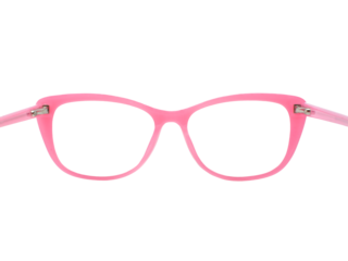 Rear view of a pair of glasses with a pink frame isolated on a transparent background