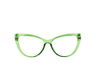 Front view of a pair of glasses with transparent green frames isolated on a transparent background