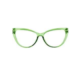 Front view of a pair of glasses with transparent green frames isolated on a transparent background