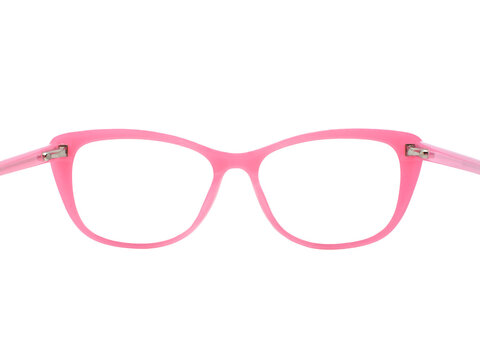 Rear view of a pair of glasses with a pink frame isolated on a transparent background