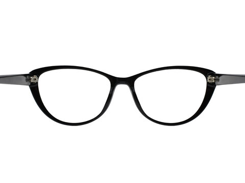 Rear view of a pair of glasses with a black frame isolated on a transparent background