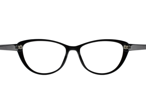 Rear view of a pair of glasses with a black frame isolated on a transparent background