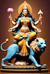 
Hindu goddess
 with multiple arms riding a lion, adorned with traditional jewelry and garments, holding weapons and a lotus flower, against a solid background  

