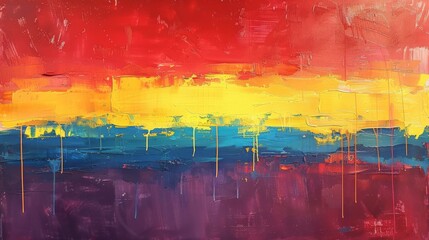 A vibrant and emotional scene captured under a rainbow, blended into a minimalist, abstract background of Bright Red and Cyber Yellow. Negative space utilized for a raw, vivid feel.