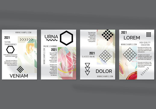 Flyer Layout with Geometric Shapes and Abstract Bright Rectangle on White
