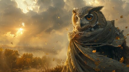 A majestic owl in a barbarian dress exudes magical wisdom in a tranquil landscape, embodying an enchanting presence.