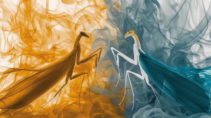 Intriguing image of mantis ambassadors in celestial government, set against abstract Aspen Gold & Princess Blue backgrounds with minimal design in spacious composition.