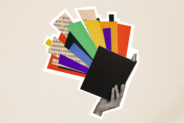 Composite trend artwork sketch image 3d photo collage of huge black white silhouette hand hold book...