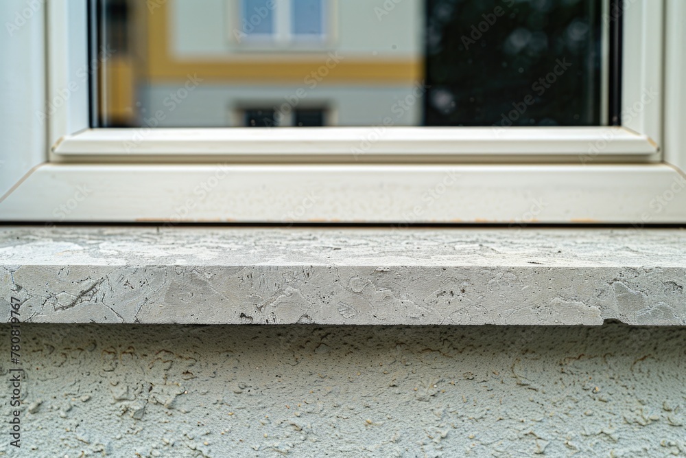 Poster Close up of a window sill with a building in the background. Suitable for architectural and urban themes