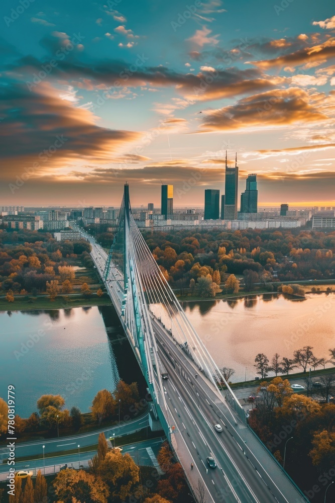 Poster an aerial perspective of a bridge crossing over a flowing river. suitable for transportation or infr